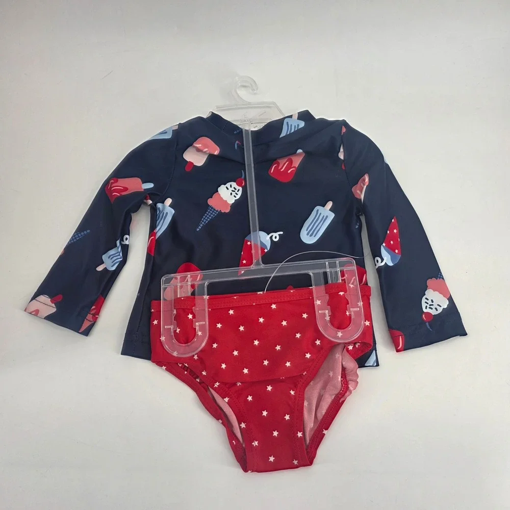 Carters Baby Girls 6M Navy‎ Ice Cream Rash Guard Swimsuit Set UPF 50+